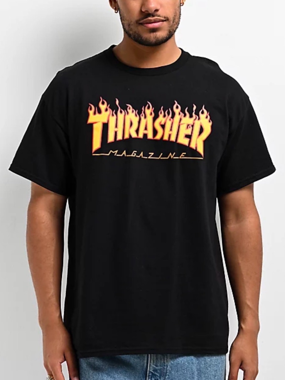 Thrasher Black Tee with Orange and Yellow Flame Logo